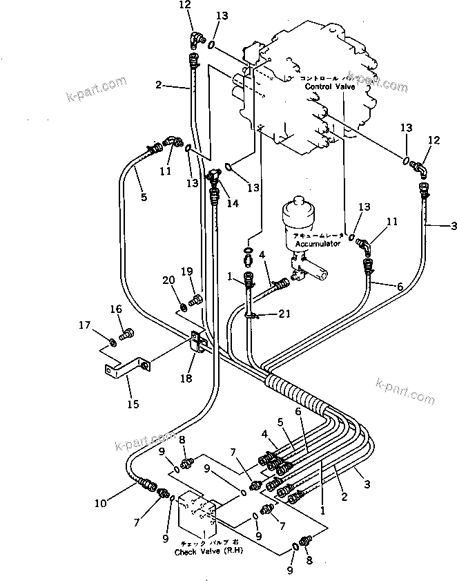 Komatsu parts book diagram for PC220LC-3 S/N 20001-UP: P.P.C. VALVE PIPING (3/3) (FOR LONG LEVER CONTROL)(#21135-21190)