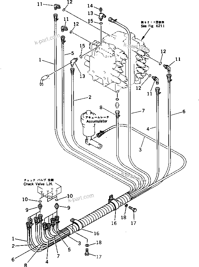 Komatsu parts book diagram for PC220LC-3 S/N 20001-UP: P.P.C. VALVE PIPING (2/3) (FOR WRIST CONTROL) (WITH AUTO DECELERATION ? SWING MECHANICAL BRAKE)(#21191-)