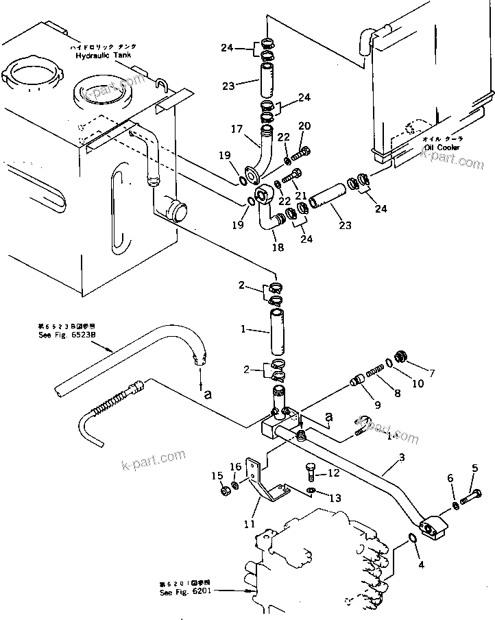 Komatsu parts book diagram for PC220LC-3 S/N 20001-UP: HYDRAULIC PIPING (RETURN AND OIL COOLER) (WITH AUTO DECELERATION ? SWING MECHANICAL BRAKE)(#21708-23623)