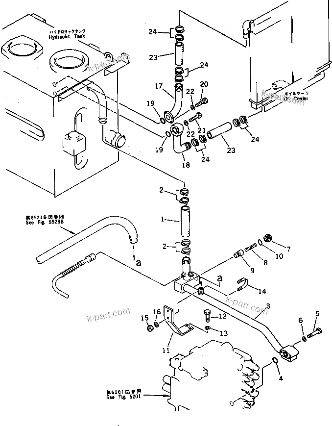 Komatsu parts book diagram for PC220LC-3 S/N 20001-UP: HYDRAULIC PIPING (RETURN AND OIL COOLER) (WITH AUTO DECELERATION ? SWING MECHANICAL BRAKE)(#23624-)