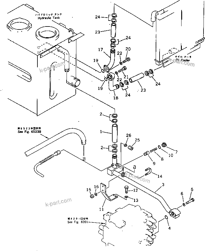 Komatsu parts book diagram for PC220LC-3 S/N 20001-UP: HYDRAULIC PIPING (RETURN AND OIL COOLER) (WITHOUT AUTO DECELERATION ? SWING MECHANICAL BRAKE)(#21708-23623)