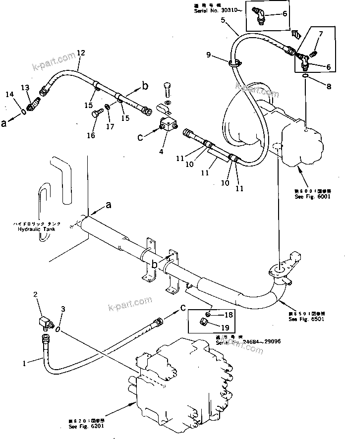 Komatsu parts book diagram for PC220LC-3 S/N 20001-UP: HYDRAULIC PIPING (DRAIN) (FOR LONG LEVER CONTROL)(#20412-)