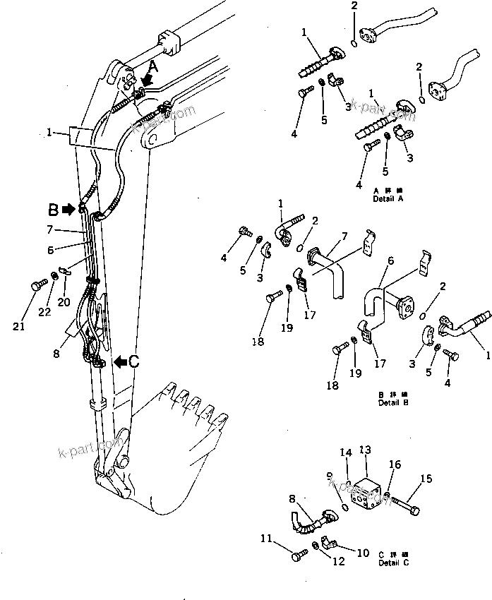 Komatsu parts book diagram for PC220LC-3 S/N 20001-UP: HYDRAULIC PIPING (BUCKET CYLINDER LINE) (2/2) (ATTACHMENT SIDE) (FOR 40 FEET LONG FRONT)