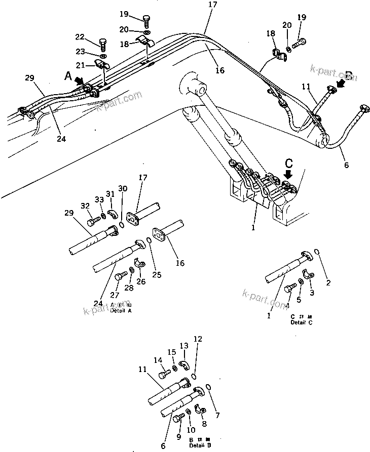 Komatsu parts book diagram for PC220LC-3 S/N 20001-UP: HYDRAULIC PIPING (BOOM AND ARM CYLINDER LINE) (ATTACHMENT SIDE) (FOR 50 FEET LONG FRONT)