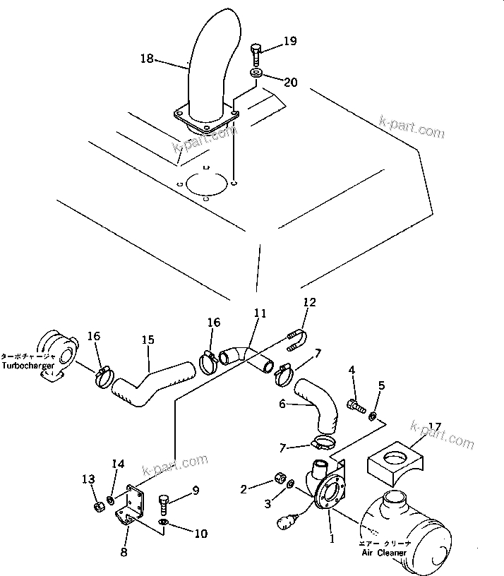 Komatsu parts book diagram for PC220LC-3 S/N 20001-UP: AIR INTAKE AND TAIL PIPE(#20001-21707)