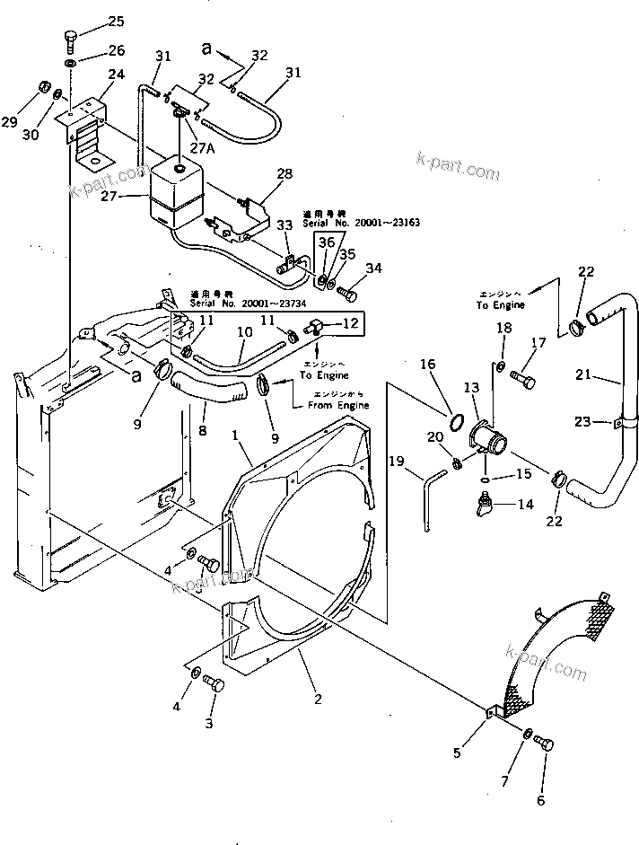 Komatsu parts book diagram for PC220LC-3 S/N 20001-UP: RADIATOR GUARD AND PIPING