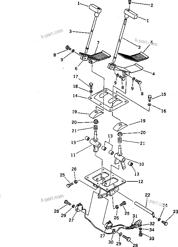 Komatsu parts book diagram for PC220LC-3 S/N 20001-UP: TRAVEL CONTROL LEVER AND LINKAGE (1/2) (FOR LONG LEVER CONTROL)  (WITH AUTO DECELERATION)(#21191-)