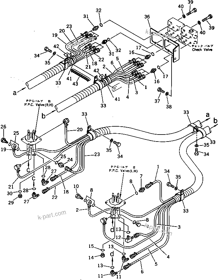 Komatsu parts book diagram for PC220LC-3 S/N 20001-UP: P.P.C. VALVE PIPING (1/3) (FOR LONG LEVER CONTROL)(#20001-21134)