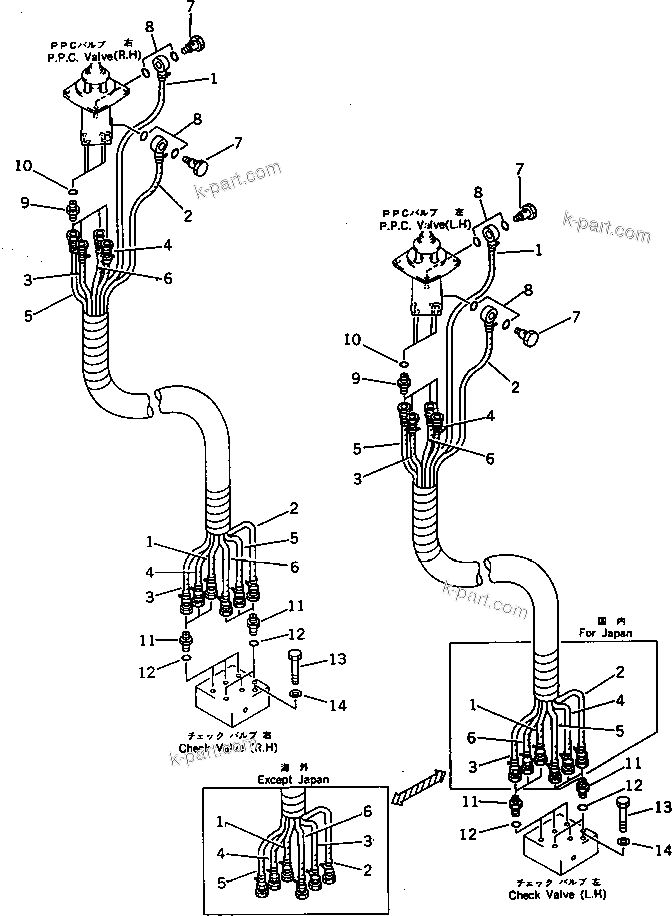 Komatsu parts book diagram for PC220LC-3 S/N 20001-UP: P.P.C. VALVE PIPING (1/3) (FOR WRIST CONTROL) (WITHOUT AUTO DECELERATION ? SWING MECHANICAL BRAKE)