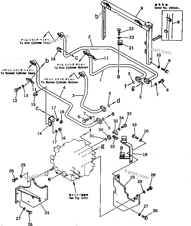 Komatsu parts book diagram for PC220LC-3 S/N 20001-UP: HYDRAULIC PIPING (ARM ? BUCKET CYLINDER LINE) (CHASSIS SIDE)(#21135-21707)