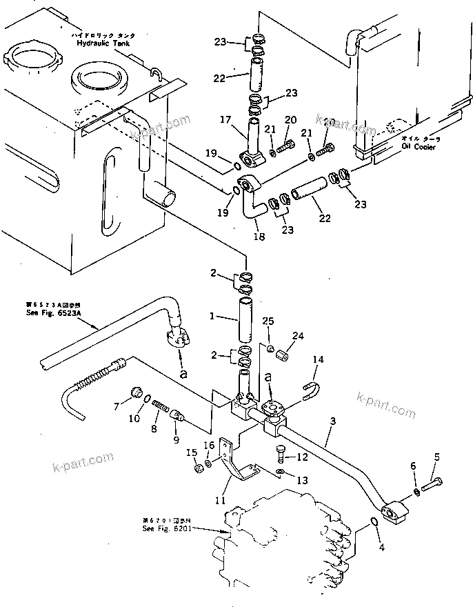 Komatsu parts book diagram for PC220LC-3 S/N 20001-UP: HYDRAULIC PIPING (RETURN AND OIL COOLER) (WITHOUT AUTO DECELERATION ? SWING MECHANICAL BRAKE)(#20215-21198)