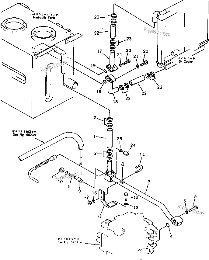 Komatsu parts book diagram for PC220LC-3 S/N 20001-UP: HYDRAULIC PIPING (RETURN AND OIL COOLER) (WITHOUT AUTO DECELERATION ? SWING MECHANICAL BRAKE)(#21199-21707)