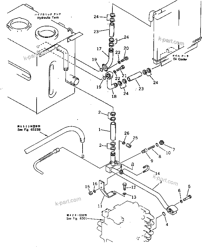 Komatsu parts book diagram for PC220LC-3 S/N 20001-UP: HYDRAULIC PIPING (RETURN AND OIL COOLER) (WITHOUT AUTO DECELERATION ? SWING MECHANICAL BRAKE)(#21708-23623)