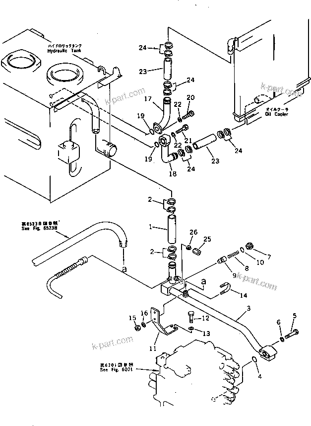 Komatsu parts book diagram for PC220LC-3 S/N 20001-UP: HYDRAULIC PIPING (RETURN AND OIL COOLER) (WITHOUT AUTO DECELERATION ? SWING MECHANICAL BRAKE)(#23624-)