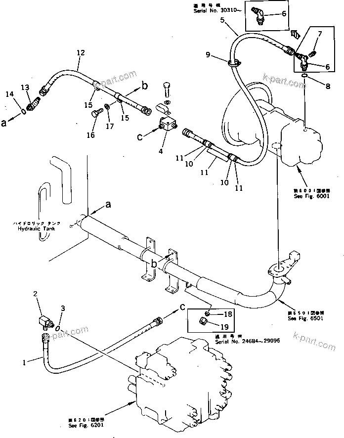 Komatsu parts book diagram for PC220LC-3 S/N 20001-UP: HYDRAULIC PIPING (DRAIN) (FOR LONG LEVER CONTROL)(#20412-)