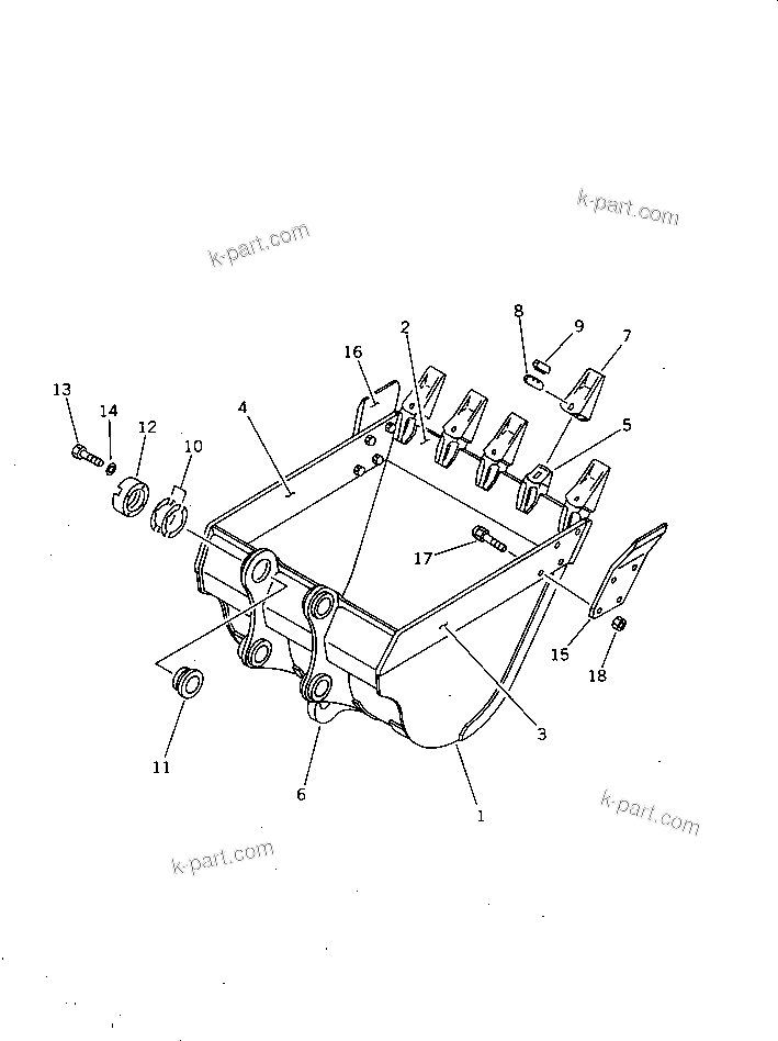 Komatsu parts book diagram for PC220LC-3 S/N 20001-UP: BUCKET ? 1.0M3 ? WIDTH 1330MM ? WITH HOOK (EXCEPT JAPAN)(#23164-)