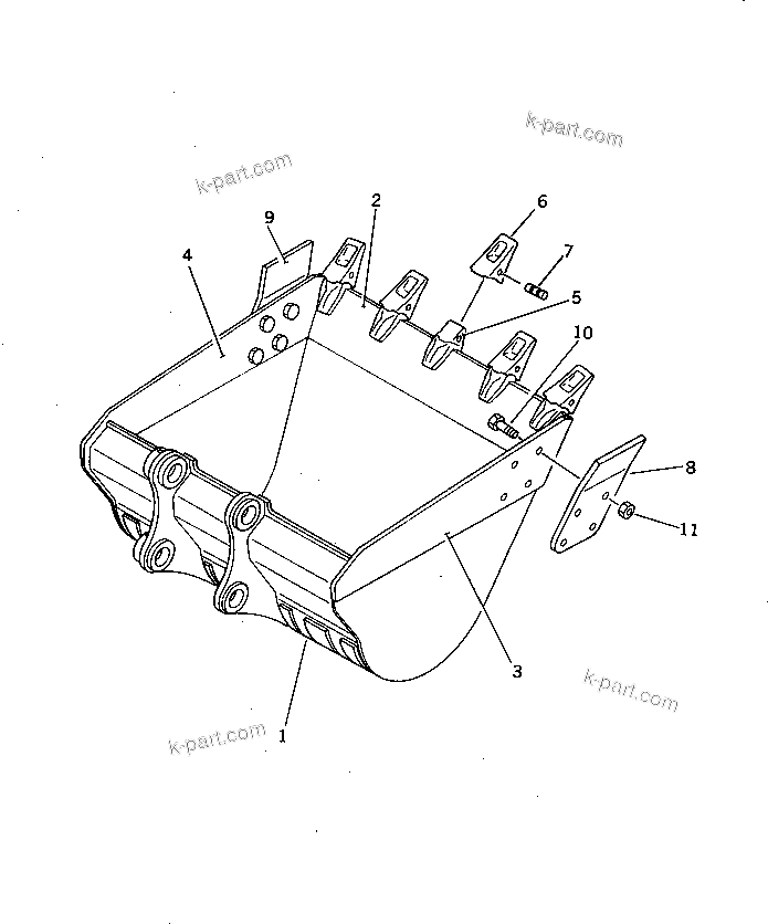 Komatsu parts book diagram for PC220LC-3 S/N 20001-UP: BUCKET ? 1.1M3 ? WIDTH 1400MM ? WITH SIDE CUTTER (HORIZONTAL PIN TYPE) (EXCEPT JAPAN)(#20001-23163)