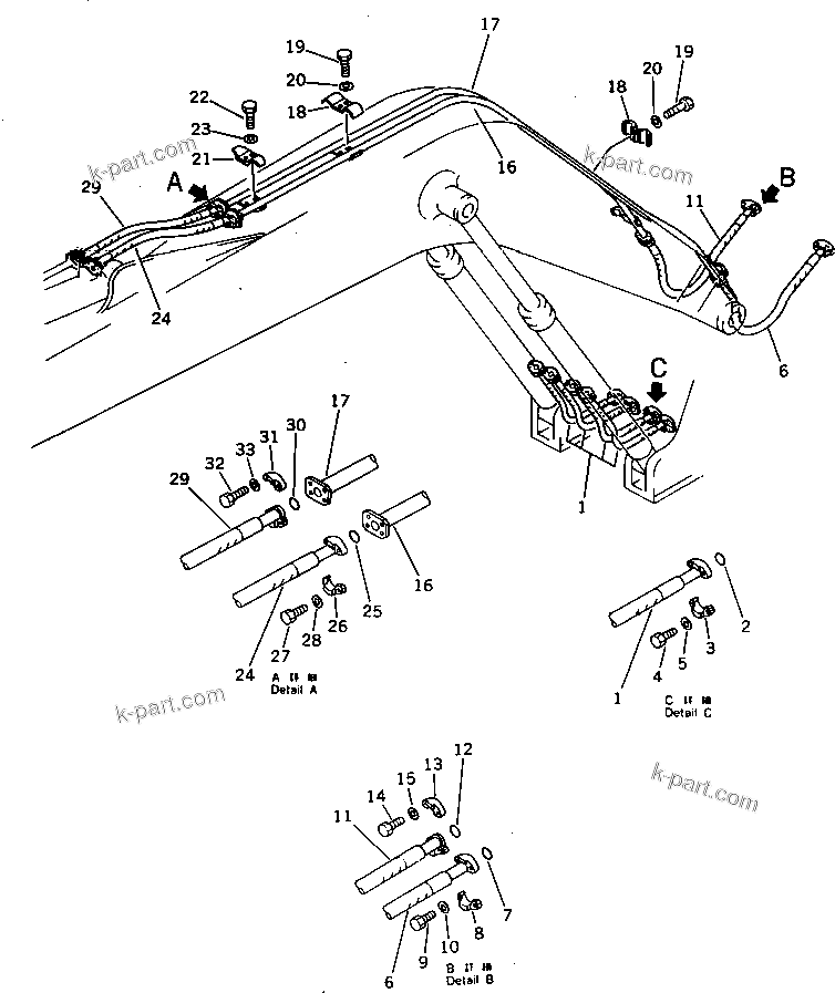 Komatsu parts book diagram for PC220LC-3 S/N 20001-UP: HYDRAULIC PIPING (BOOM AND ARM CYLINDER LINE) (ATTACHMENT SIDE) (FOR 60 FEET LONG FRONT)