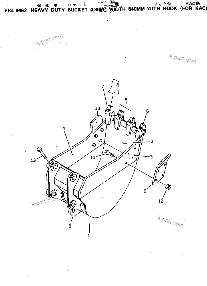 Komatsu parts book diagram for PC220LC-3 S/N 20001-UP: HEAVY DUTY BUCKET 0.86M3 WIDTH 840MM WITH HOOK (FOR KAC)