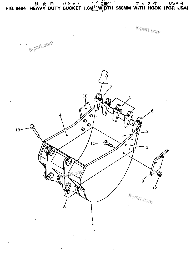 Komatsu parts book diagram for PC220LC-3 S/N 20001-UP: HEAVY DUTY BUCKET 1.0M3 WIDTH 960MM WITH HOOK (FOR USA)