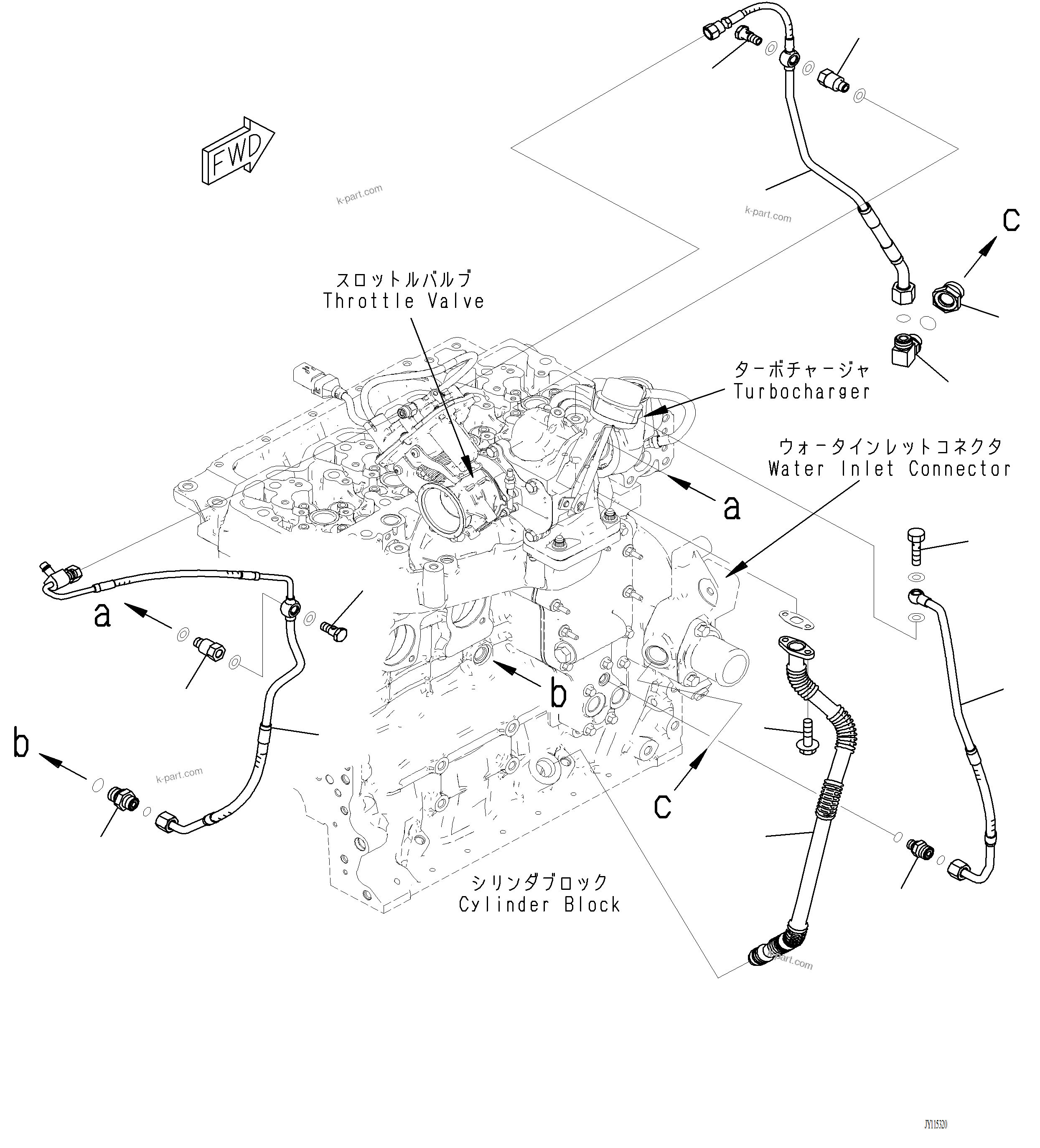 Komatsu parts book diagram for PC220LCi-12 S/N A15001: ATP00-001001 TURBOCHARGER OIL PIPING