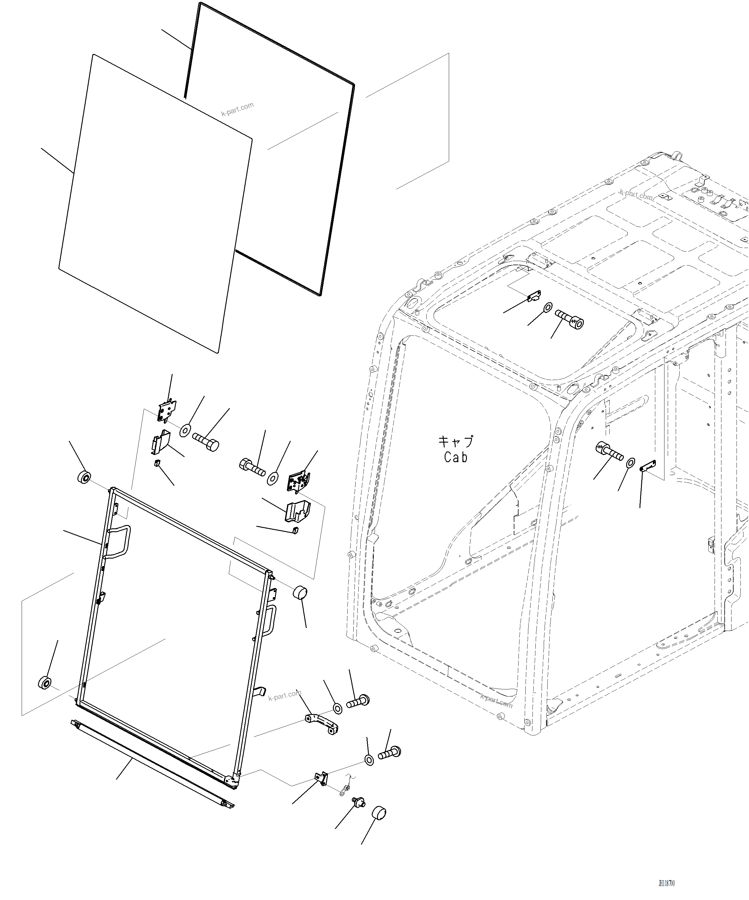 Komatsu parts book diagram for PC220LCi-12 S/N A15001: K1111-001002 CAB FRONT WINDOW