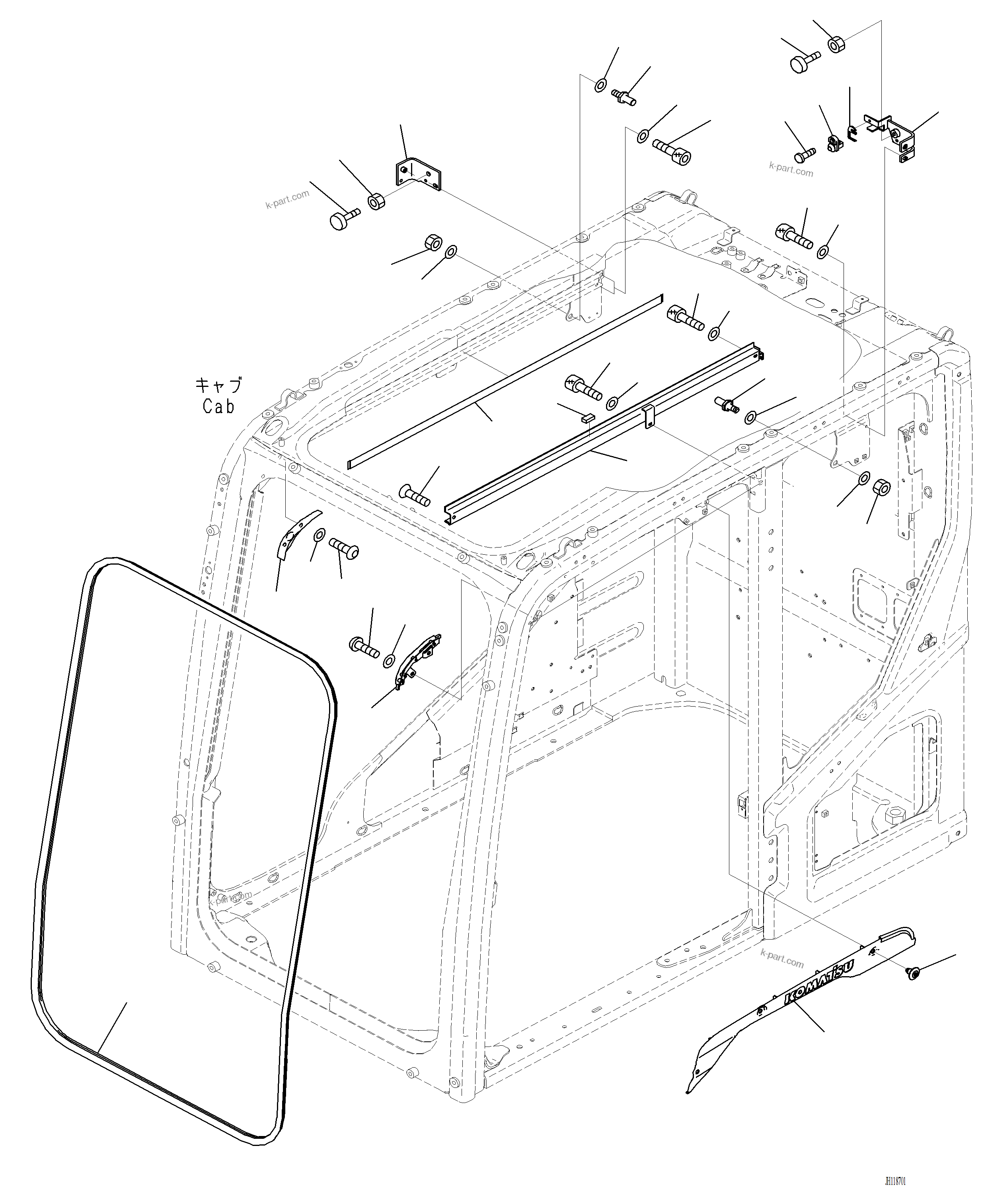 Komatsu parts book diagram for PC220LCi-12 S/N A15001: K1111-001003 CAB FRONT FIXED WINDOW