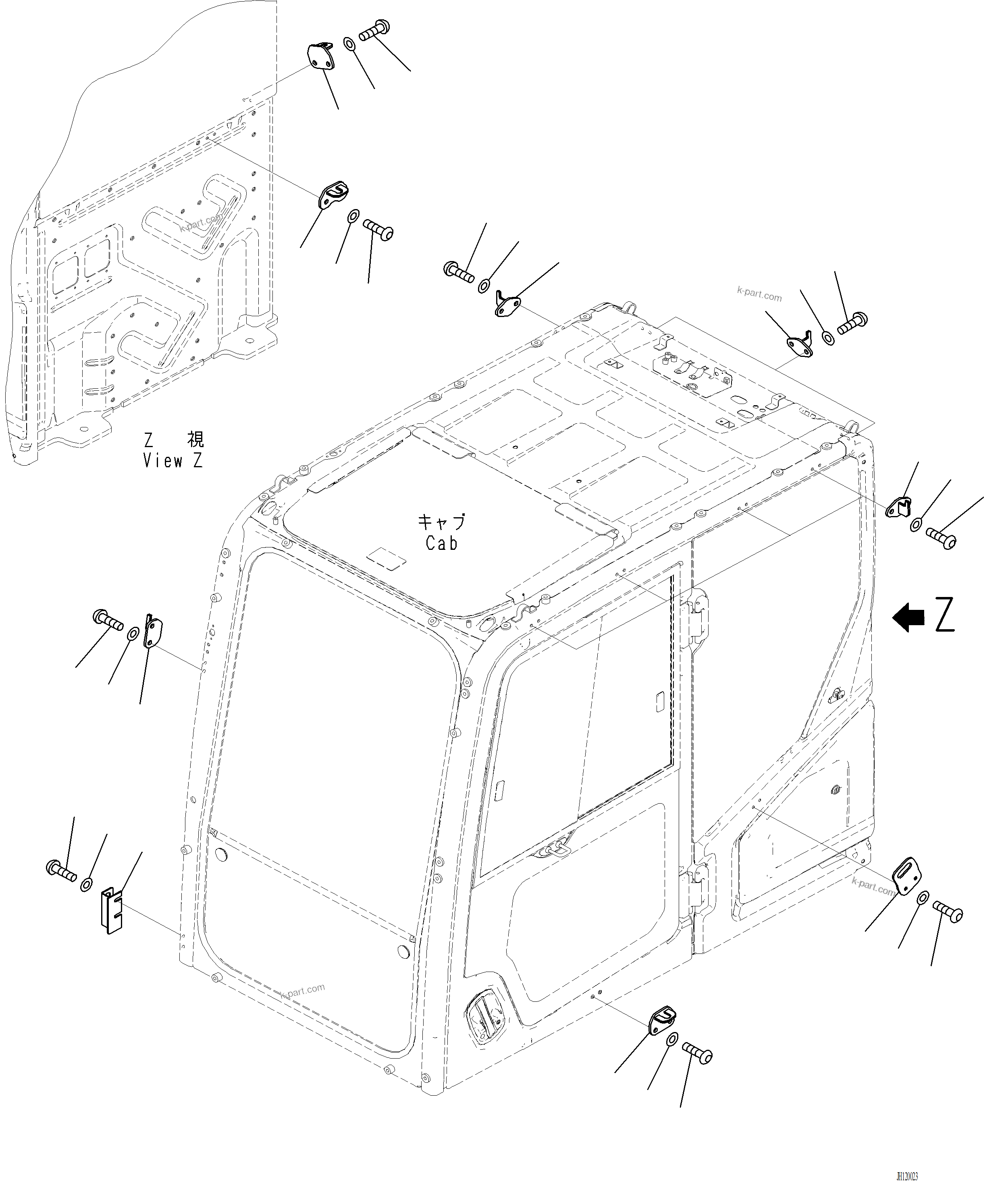 Komatsu parts book diagram for PC220LCi-12 S/N A15001: K1111-001021 CAB HOOK