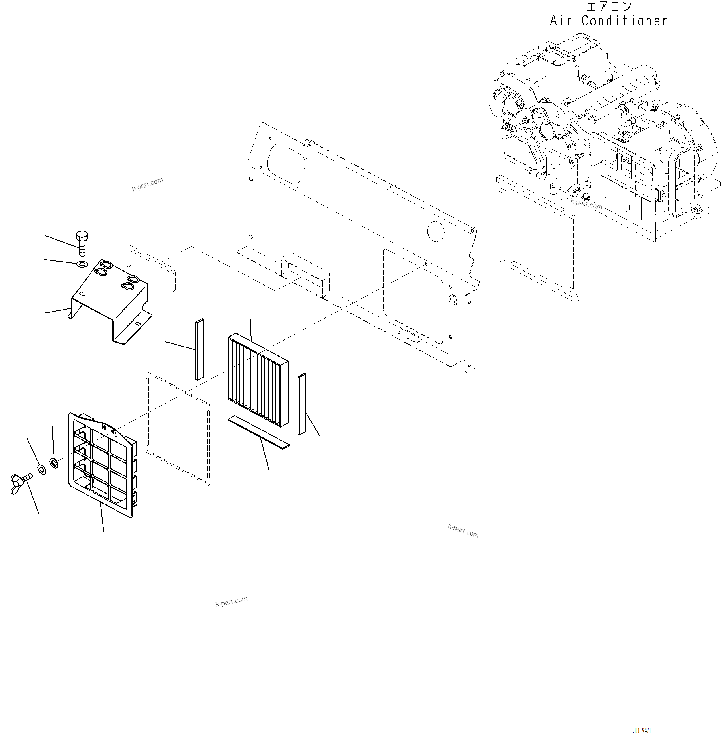 Komatsu parts book diagram for PC220LCi-12 S/N A15001: K1111-001027 CAB CAB IN PARTS, RECIRCULATION AIR FILTER AND AIR DUCT