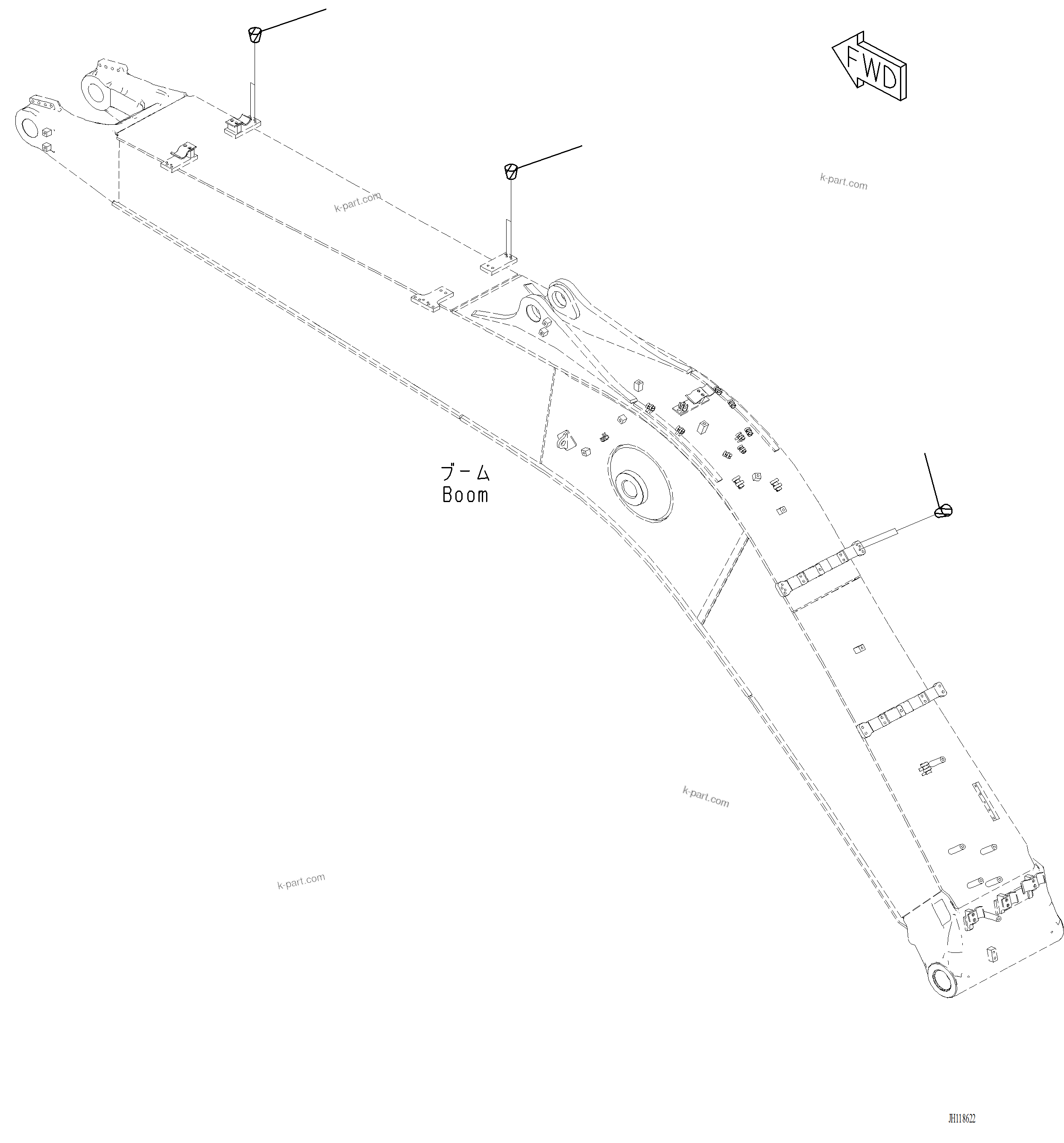 Komatsu parts book diagram for PC220LCi-12 S/N A15001: T1110-002008 BOOM PLUG (5700MM, HEAVY DUTY TYPE, 1-ATTACHMENT)
