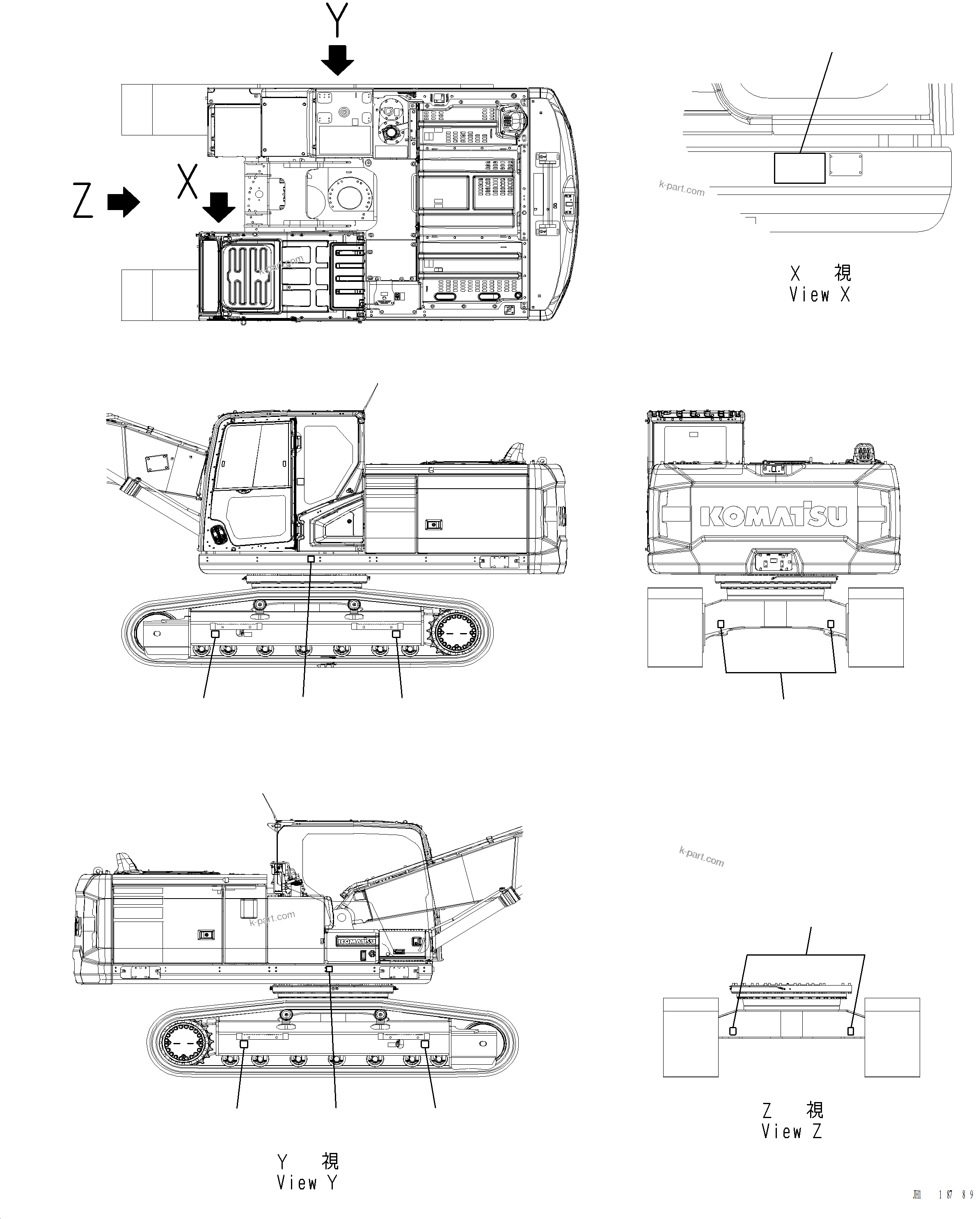 Komatsu parts book diagram for PC220LCi-12 S/N A15001: U0400-001001 BALANCING POSITION AND LIFT POINT MARK