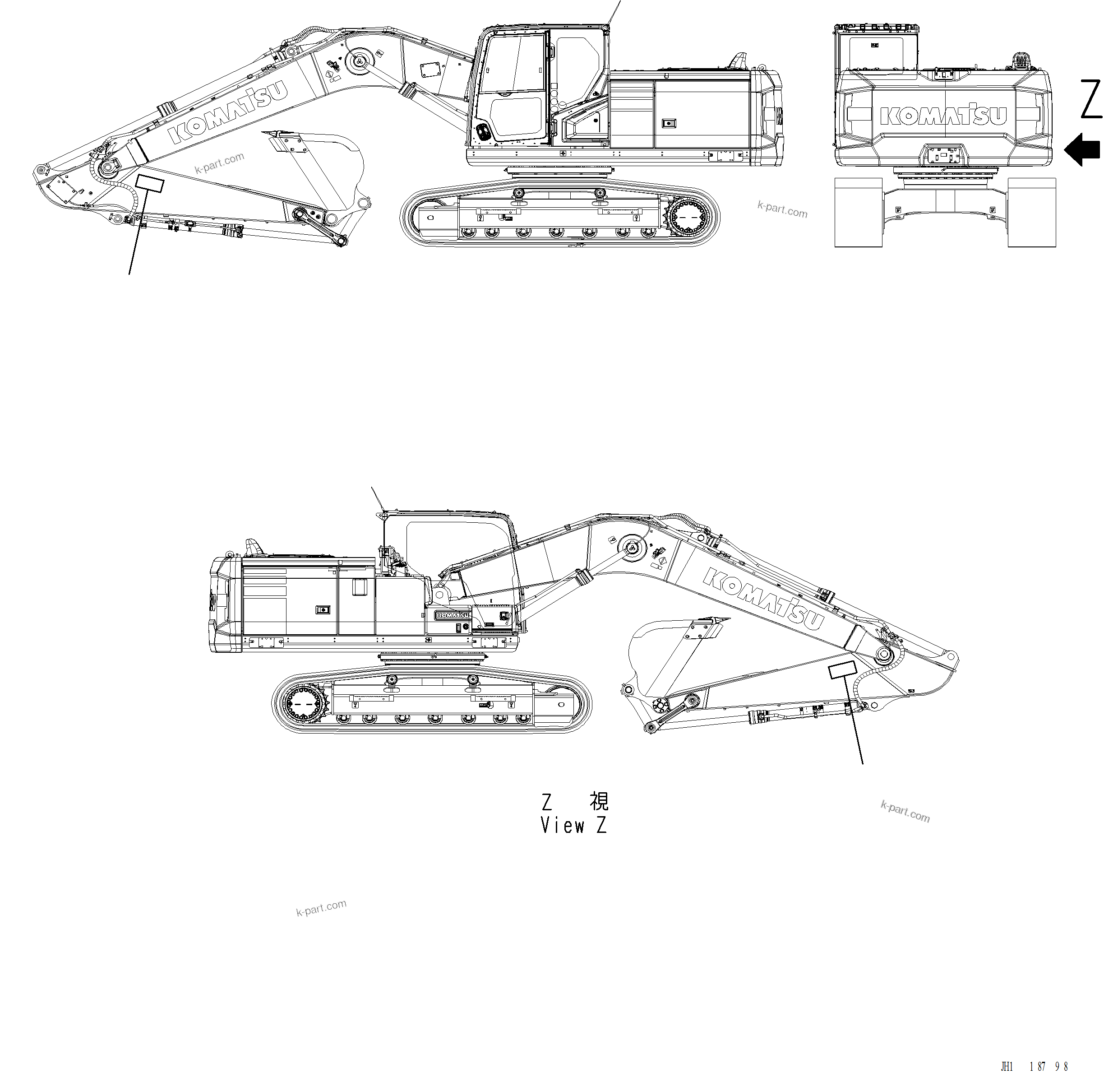 Komatsu parts book diagram for PC220LCi-12 S/N A15001: U0512-003001 CAUTION PLATES KEEP OFF WORKING RANGES