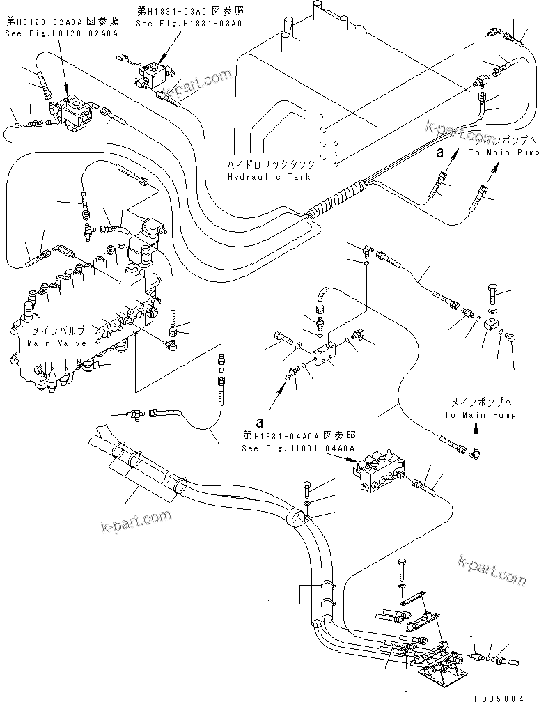 Komatsu parts book diagram for PC228UU-1-TN S/N 10001-UP: PPC MAIN LINE (HOSE) (1 ACTUATOR) (TUNNEL SPEC.)(#10022-10573)