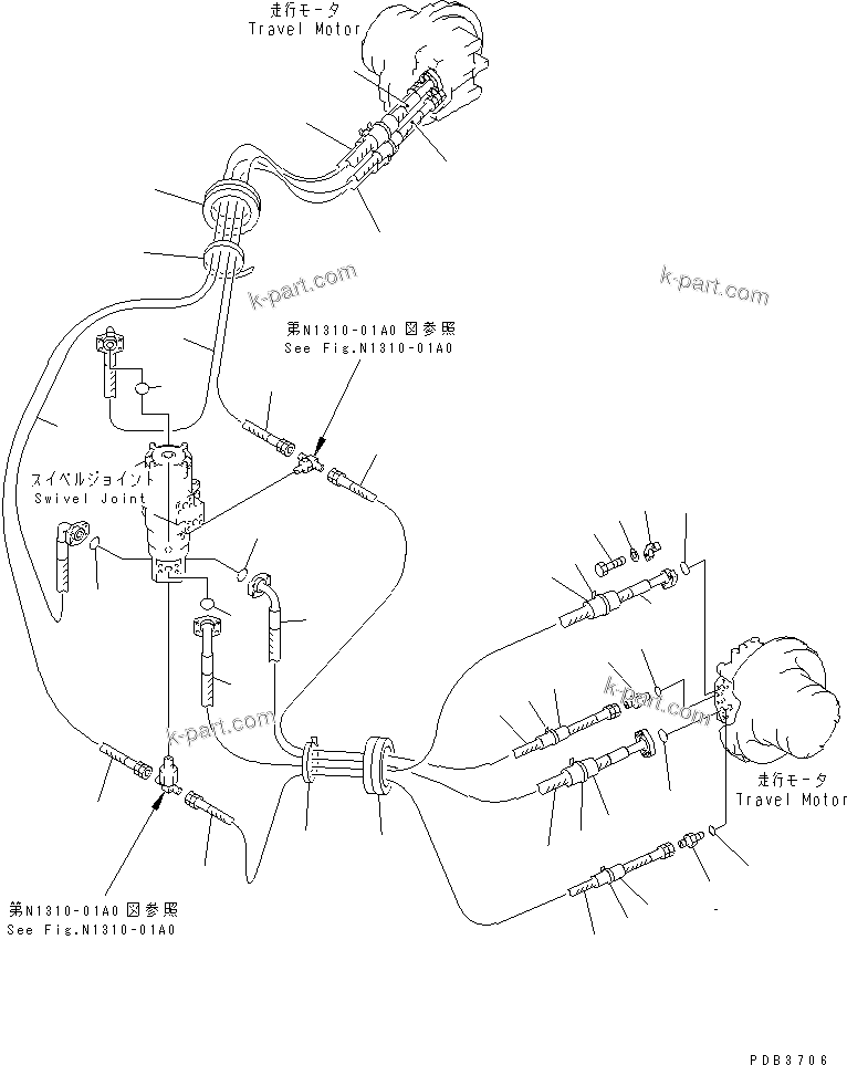 Komatsu parts book diagram for PC228UU-1-TN S/N 10001-UP: TRAVEL PIPING (TRAVEL SPEED 3RD)(#10001-10573)