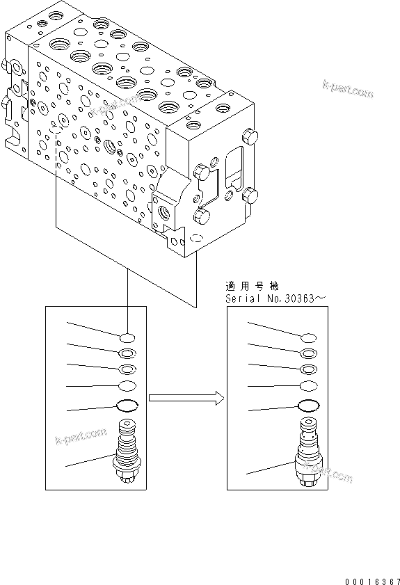 Komatsu parts book diagram for PC228US-3N-YA S/N 30001-UP: MAIN VALVE (6-SPOOL) (8/16)