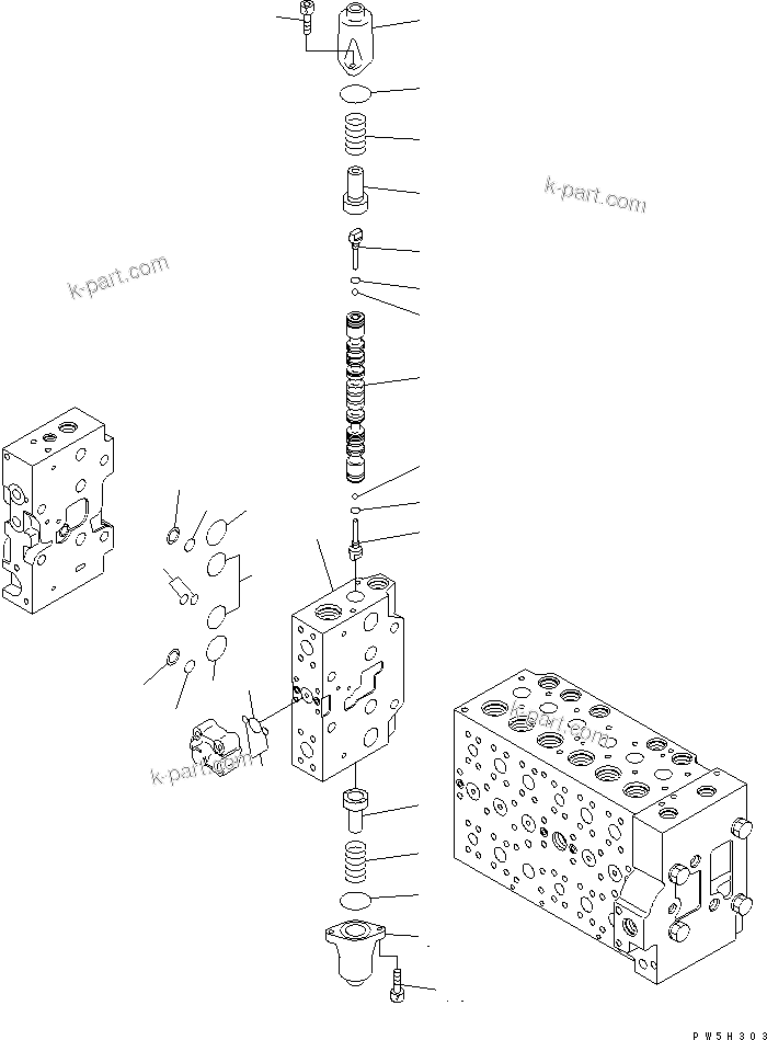 Komatsu parts book diagram for PC228US-3N-YA S/N 30001-UP: MAIN VALVE (7-SPOOL) (17/19) (ROTATION ARM)