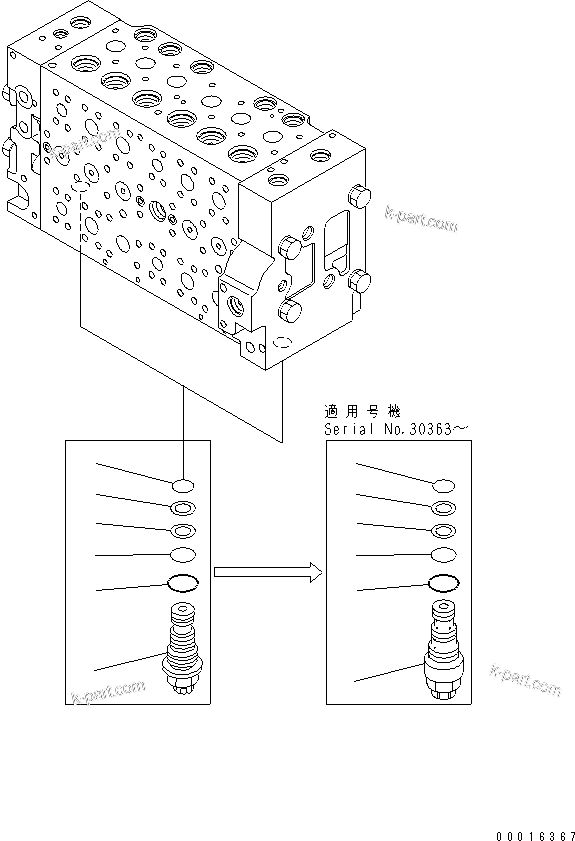 Komatsu parts book diagram for PC228USLC-3N-YA S/N 30001-UP: MAIN VALVE (6-SPOOL) (8/16)