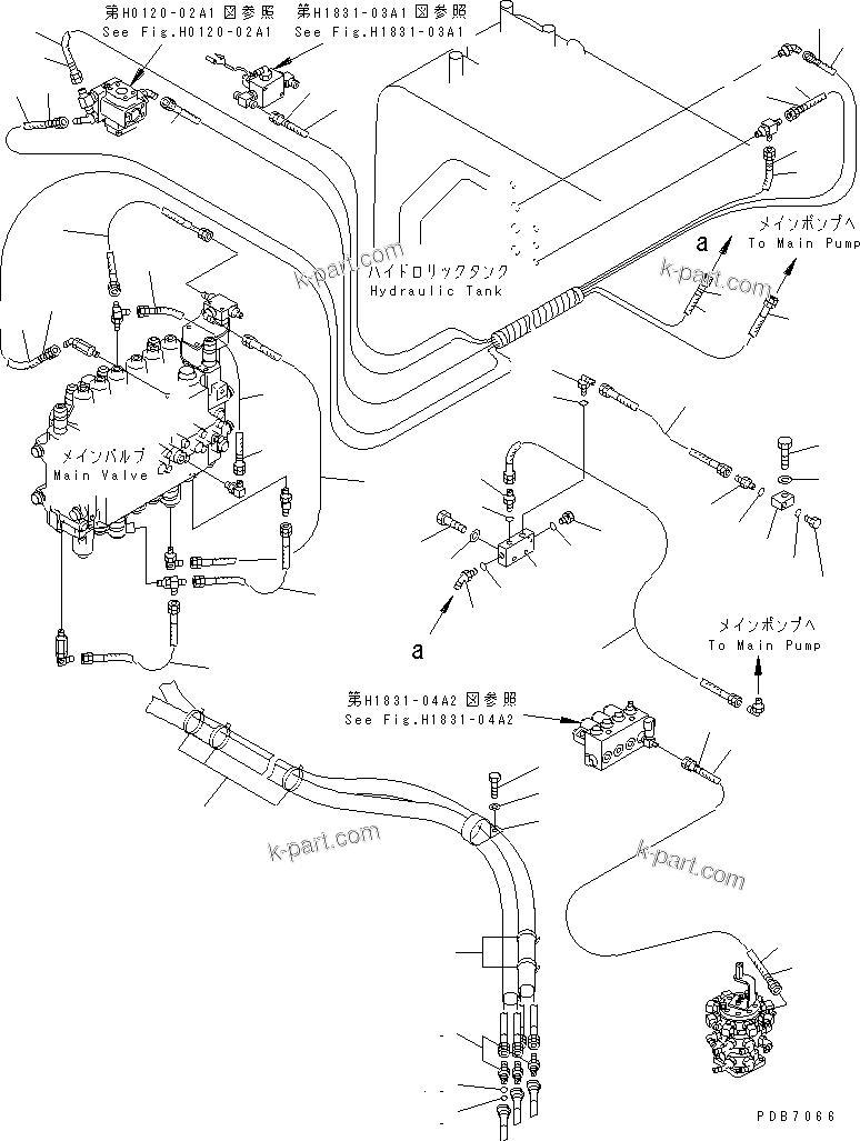 Komatsu parts book diagram for PC228UU-1-MO S/N 10001-UP: PPC MAIN LINE (HOSE) (FOR MONO BOOM) (4WAY)(#10022-10573)