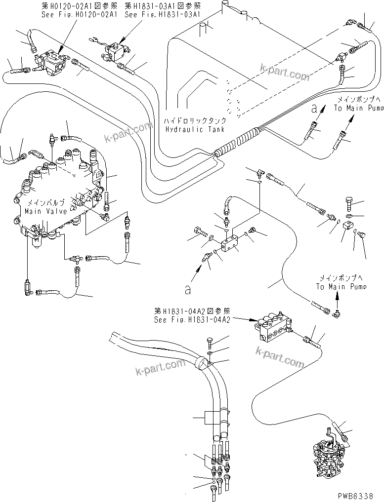Komatsu parts book diagram for PC228UU-1-MO S/N 10001-UP: PPC MAIN LINE (HOSE) (2 ACTUATOR) (FOR MONO BOOM) (4WAY)(#10325-10573)