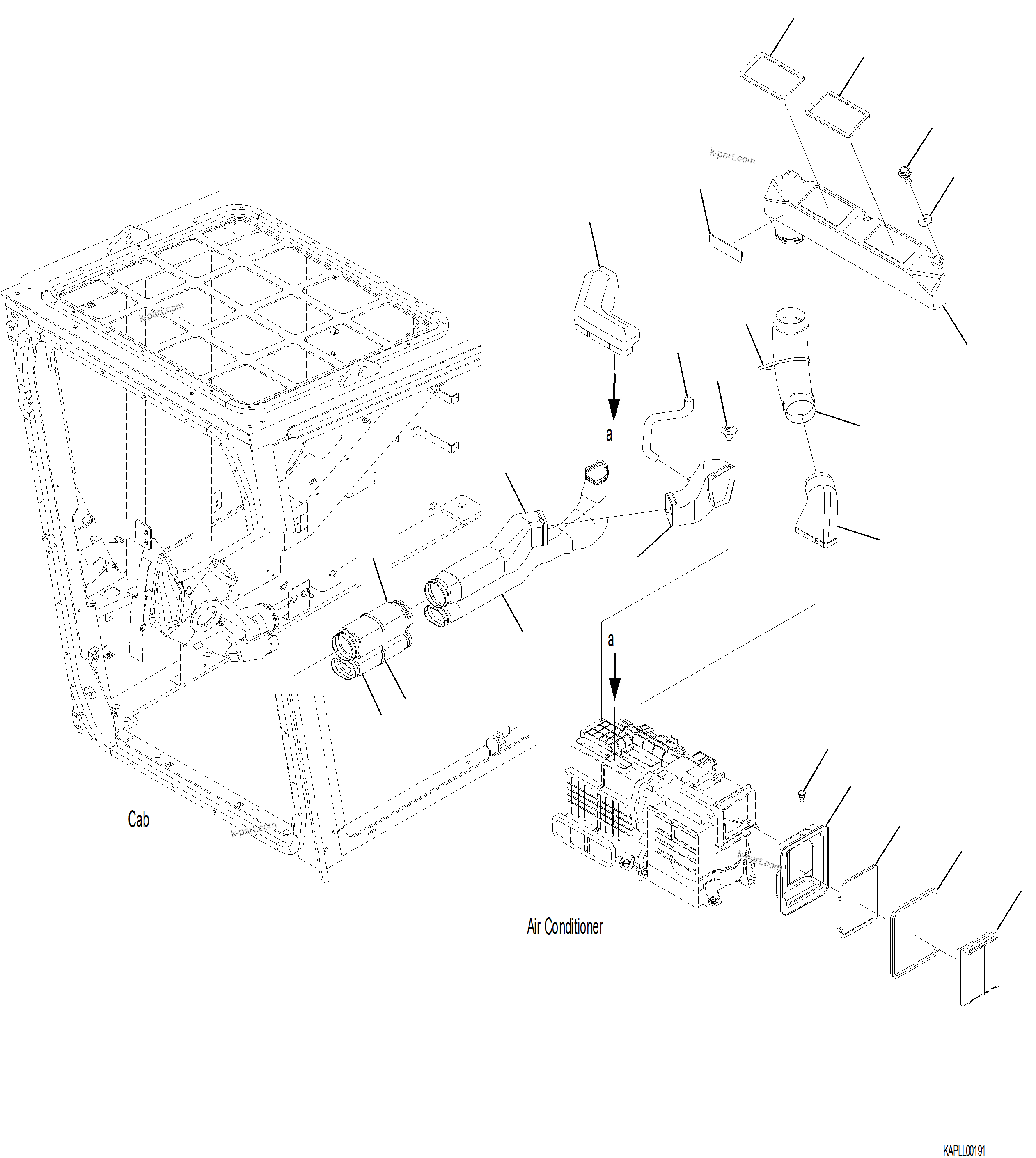 Komatsu parts book diagram for PC230F-11 SN A20700-UP: K1110-001034 CAB IN PARTS AIR DUCT AND FRESH AIR FILTER