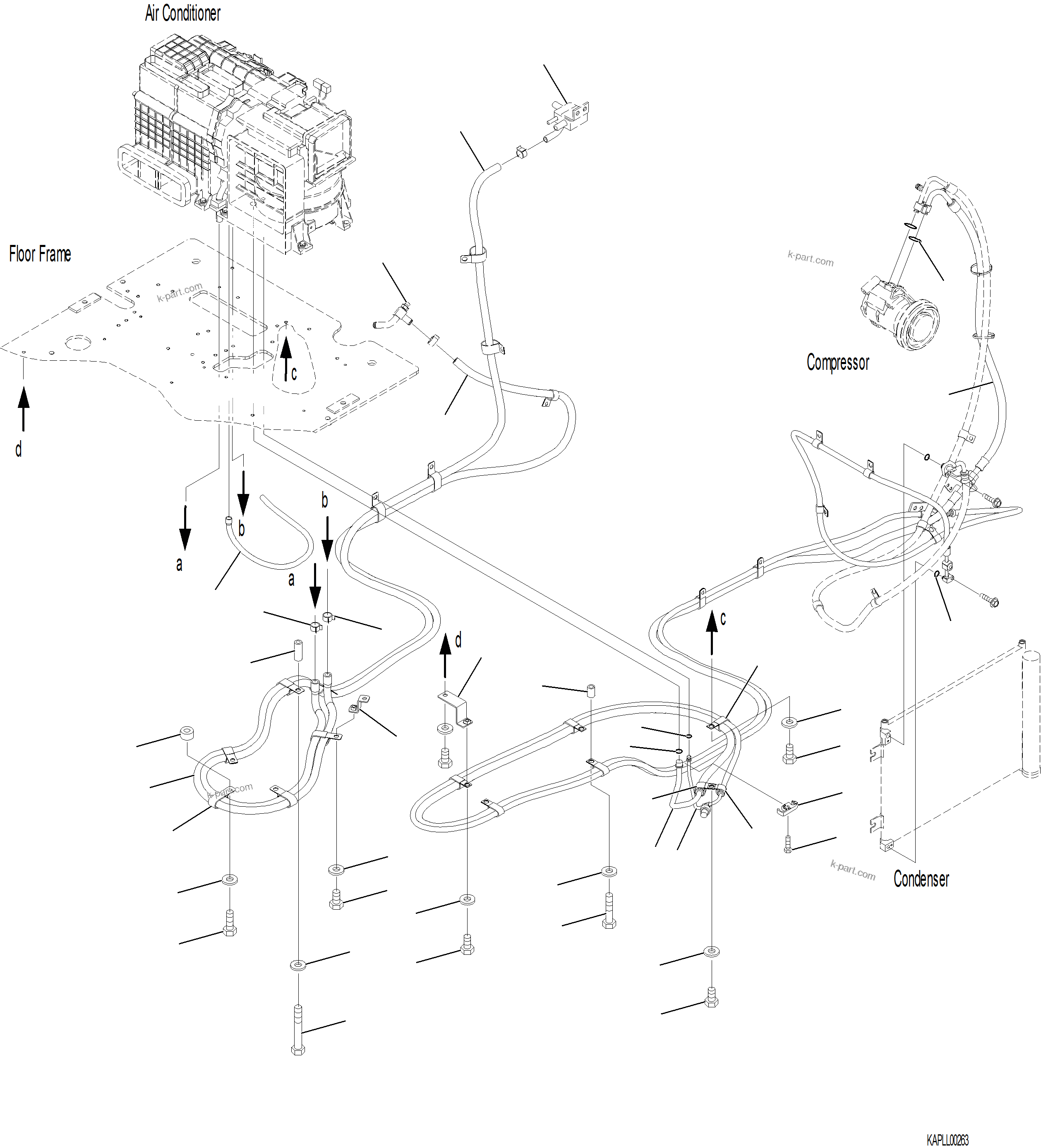 Komatsu parts book diagram for PC230F-11 SN A20700-UP: K1110-001071 CAB FLOOR AIR CONITIONER AND HEATER PIPING