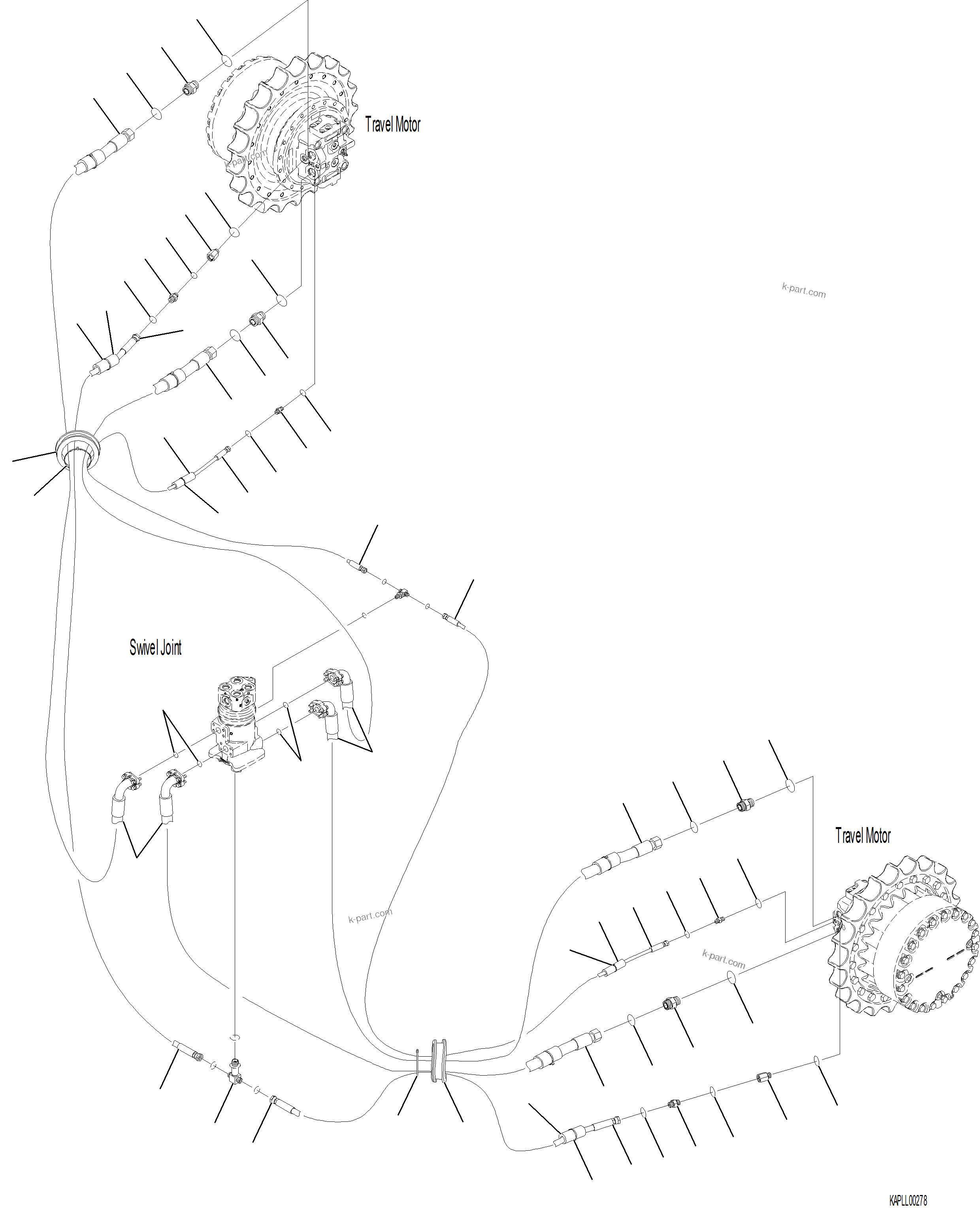 Komatsu parts book diagram for PC230F-11 SN A20700-UP: P1120-001001 TRAVEL PIPING