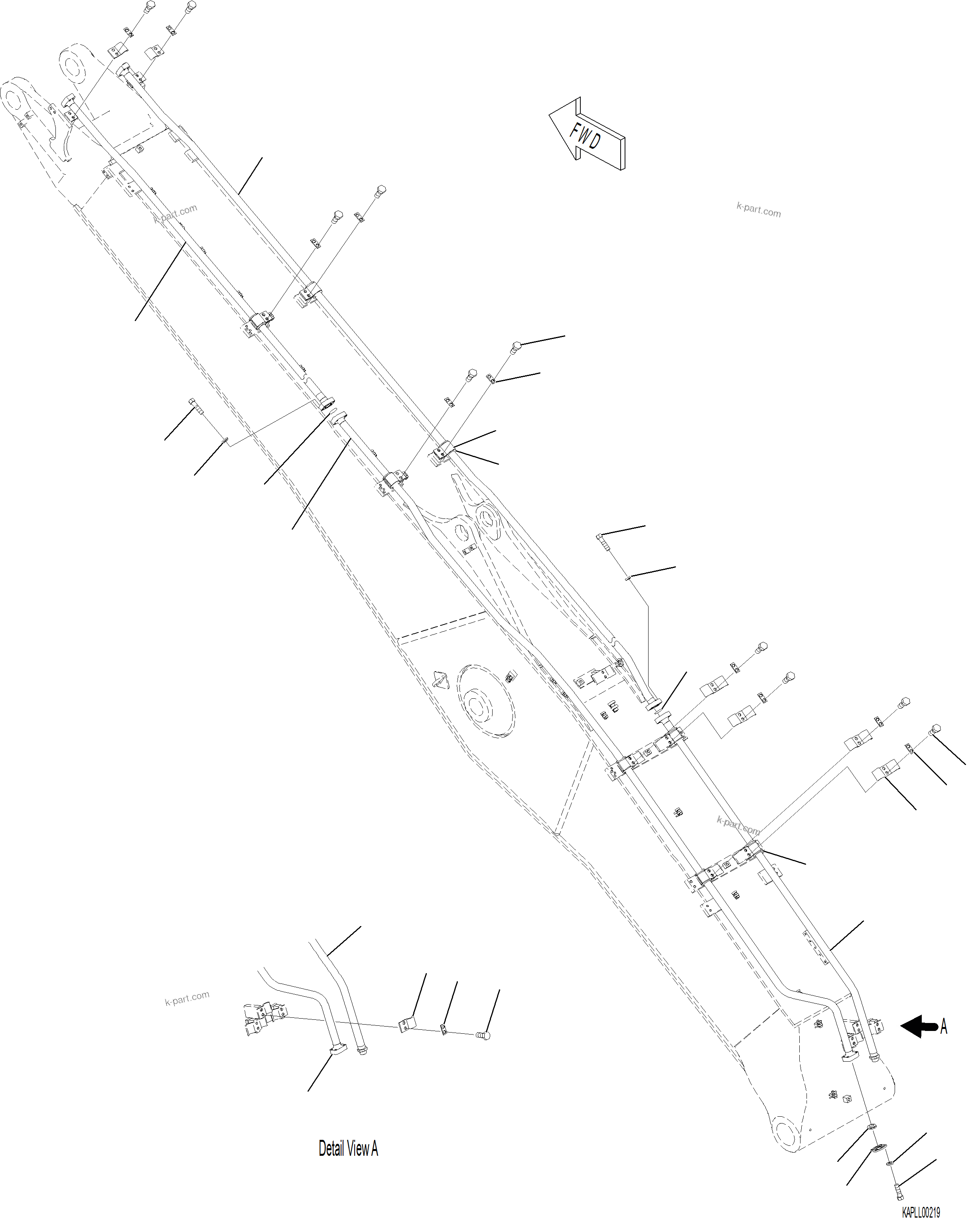 Komatsu parts book diagram for PC230F-11 SN A20700-UP: T1110-001006 BOOM, 6155 MM ATTACHMENT PIPING (2/2)