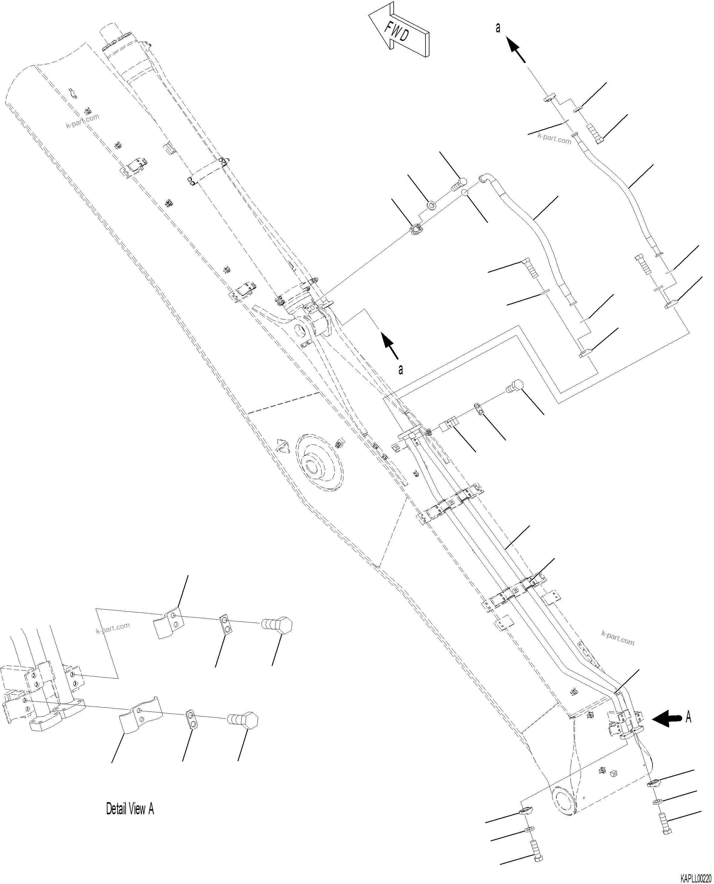 Komatsu parts book diagram for PC230F-11 SN A20700-UP: T1110-001007 BOOM, 6155 MM ARM CYLINDER PIPING