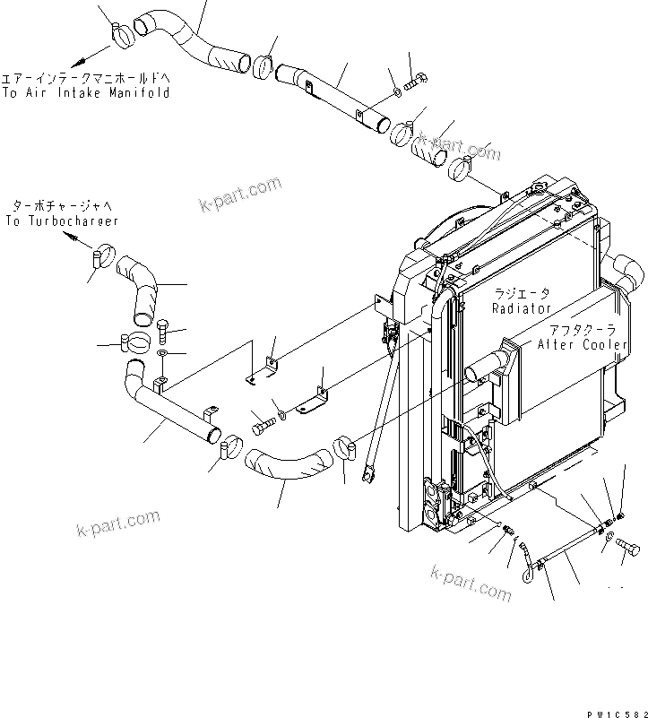 Komatsu parts book diagram for PC230LC-7-BA S/N 11001-UP: COOLING (AFTER COOLER PIPING) (WITH AIR CONDITIONER)(#11001-15000)