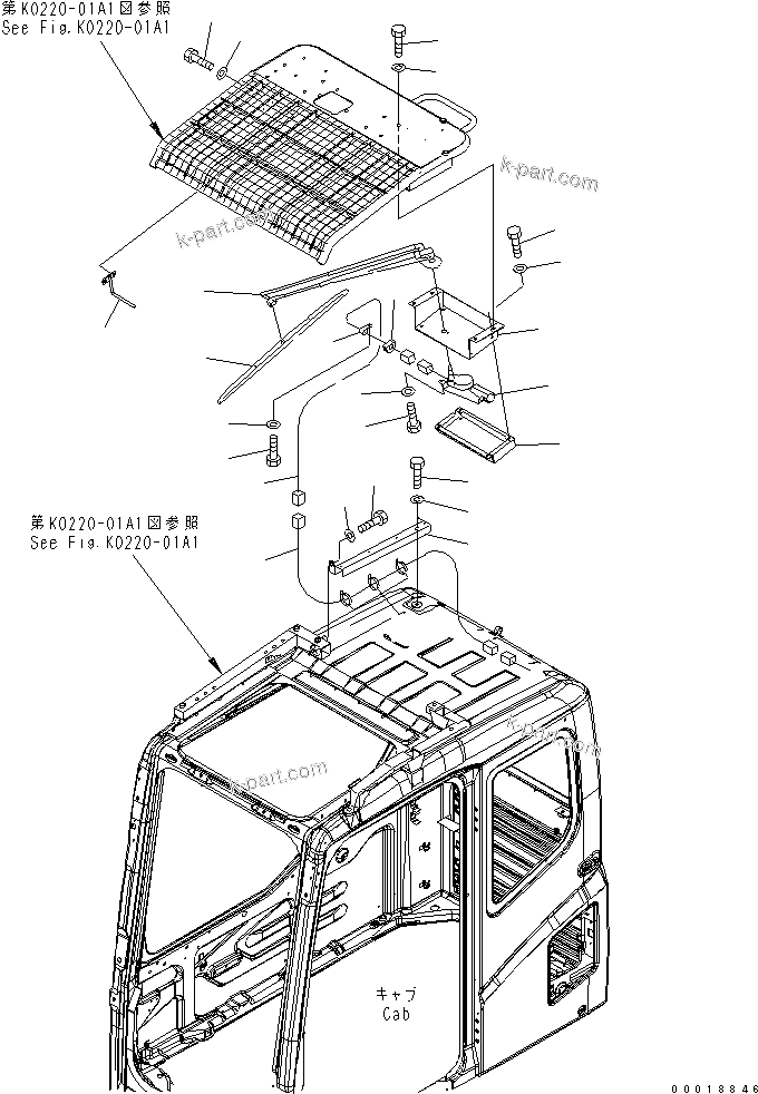 Komatsu parts book diagram for PC230LC-7-BA S/N 11001-UP: UPPER WIPER(#15001-)