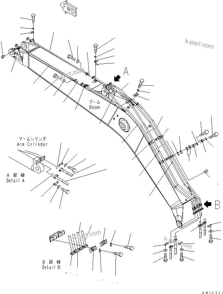 Komatsu parts book diagram for PC230LC-7-BA S/N 11001-UP: BOOM (ARM CYLINDER LINE AND BUCKET CYLINDER LINE)