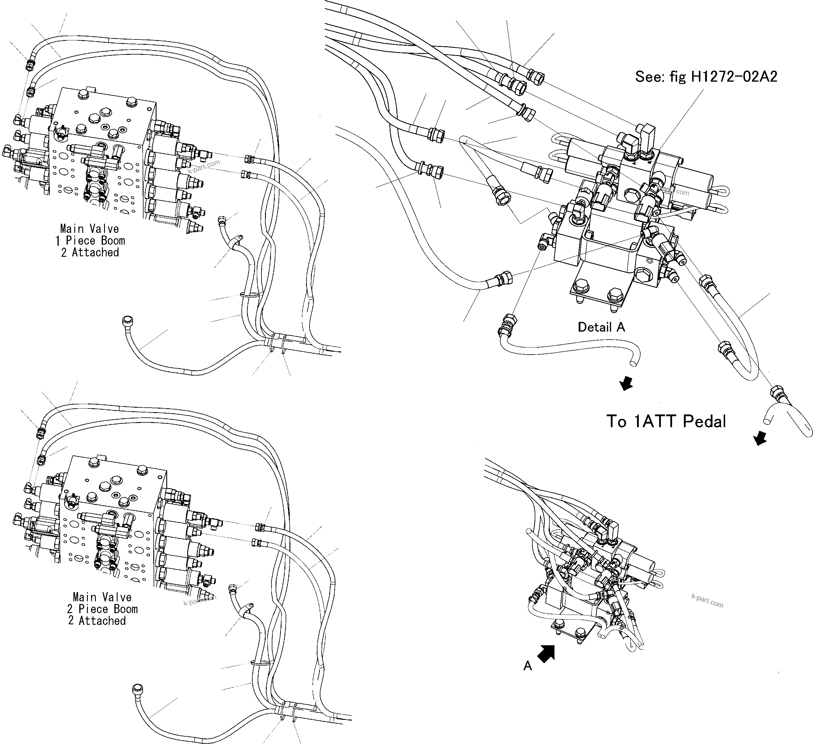 Komatsu parts book diagram for PC240NLC-8K S/N K50001-UP: ATTACHMENT ADDITIONAL LINE FFOR 1-PIECE BOOM , 2-ATT & 2-PIECE BOOM , 2ATT