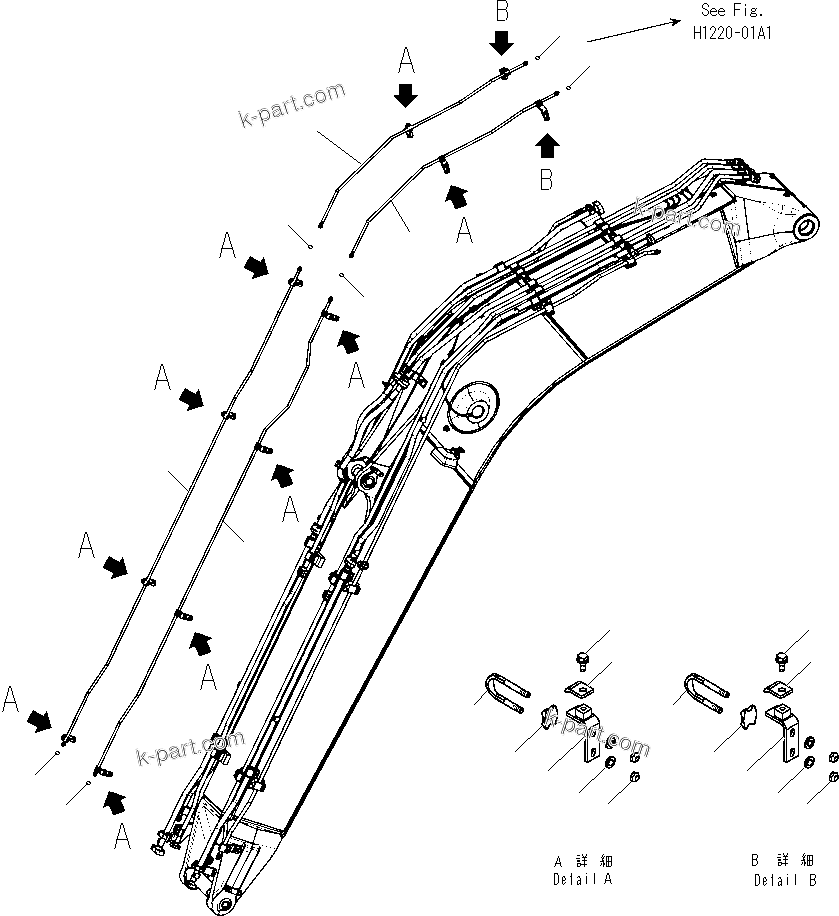 Komatsu parts book diagram for PC240NLC-8K S/N K50001-UP: BOOM (QUICK COUPLER) (PIPING) (1-PIECE BOOM)