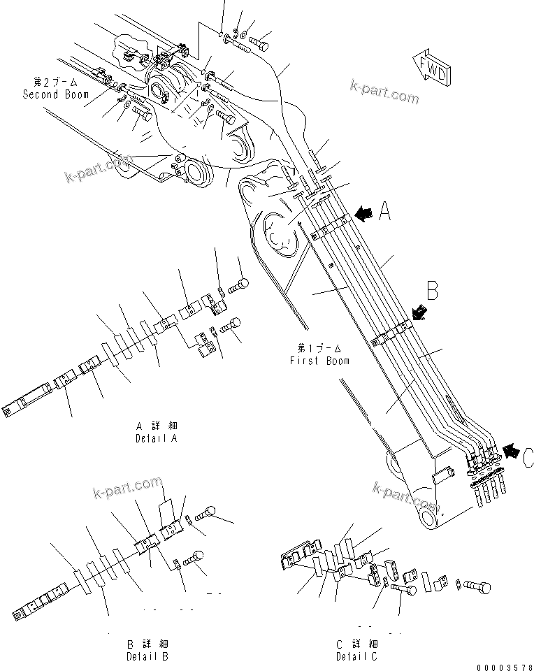 Komatsu parts book diagram for PC240NLC-8K S/N K50001-UP: 2-PIECE BOOM (ARM CYLINDER AND BUCKET CYLINDER LINE) (1ST BOOM)